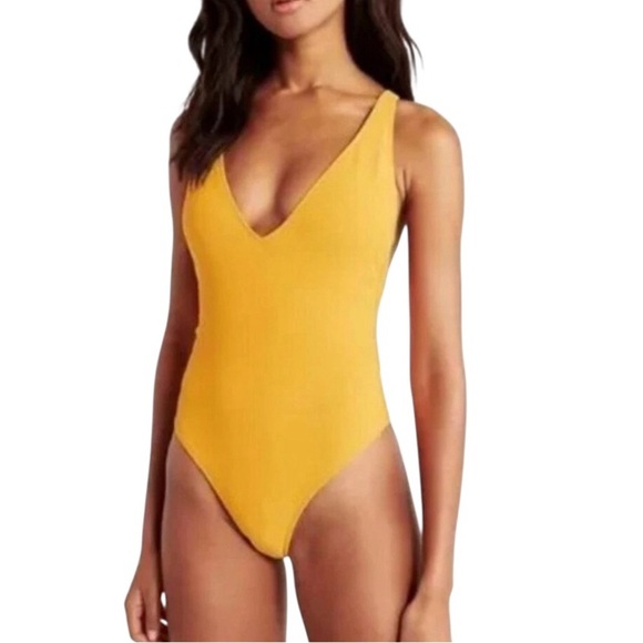 Abercrombie & Fitch - NWT Yellow Plunge High Leg Cheeky Swimsuit Sz L - Picture 1 of 7